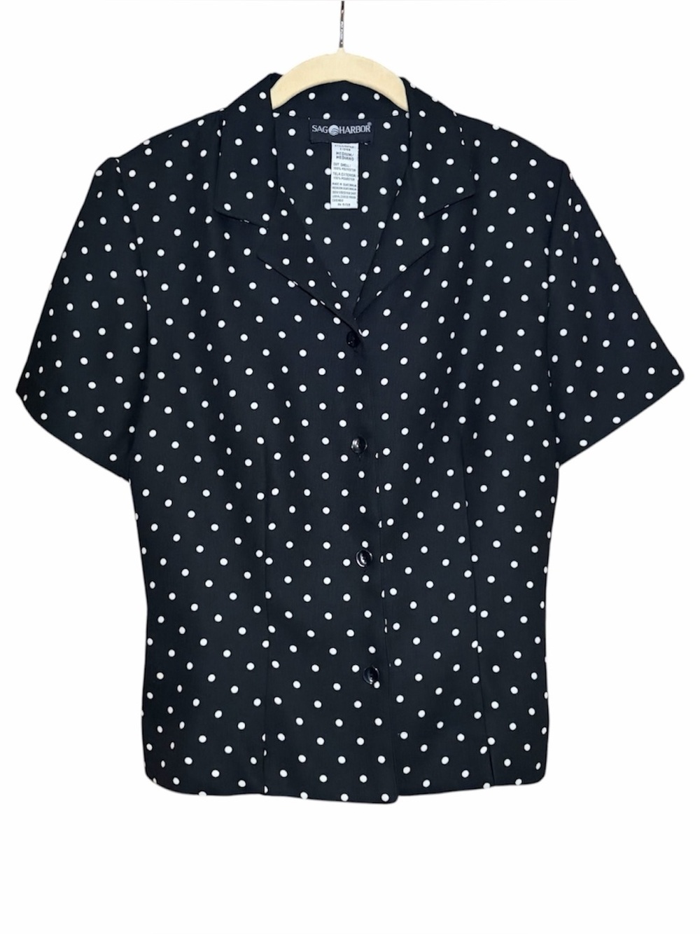 Sag Harbor Women's Button Up Blouse Collared Short Sleeve Medium Polka Dot